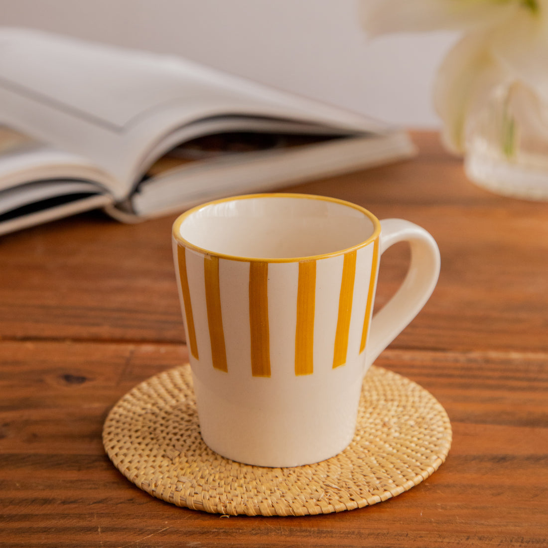 Amber Stripe Hand-Painted Ceramic Mug – 300 ml (Set of 2)