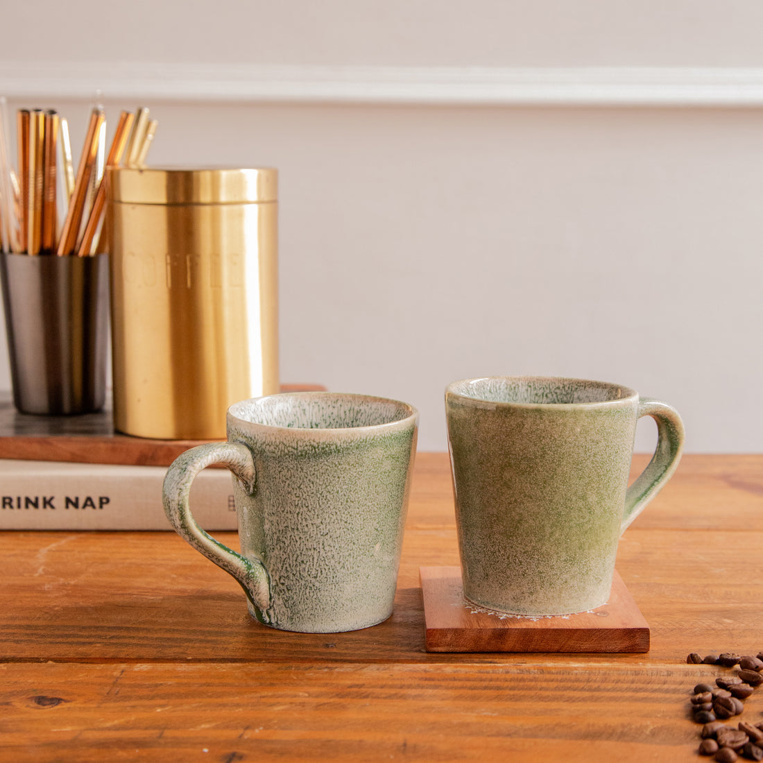 Forest Mist Hand-Painted Ceramic Mug – 300 ml (Set of 2)
