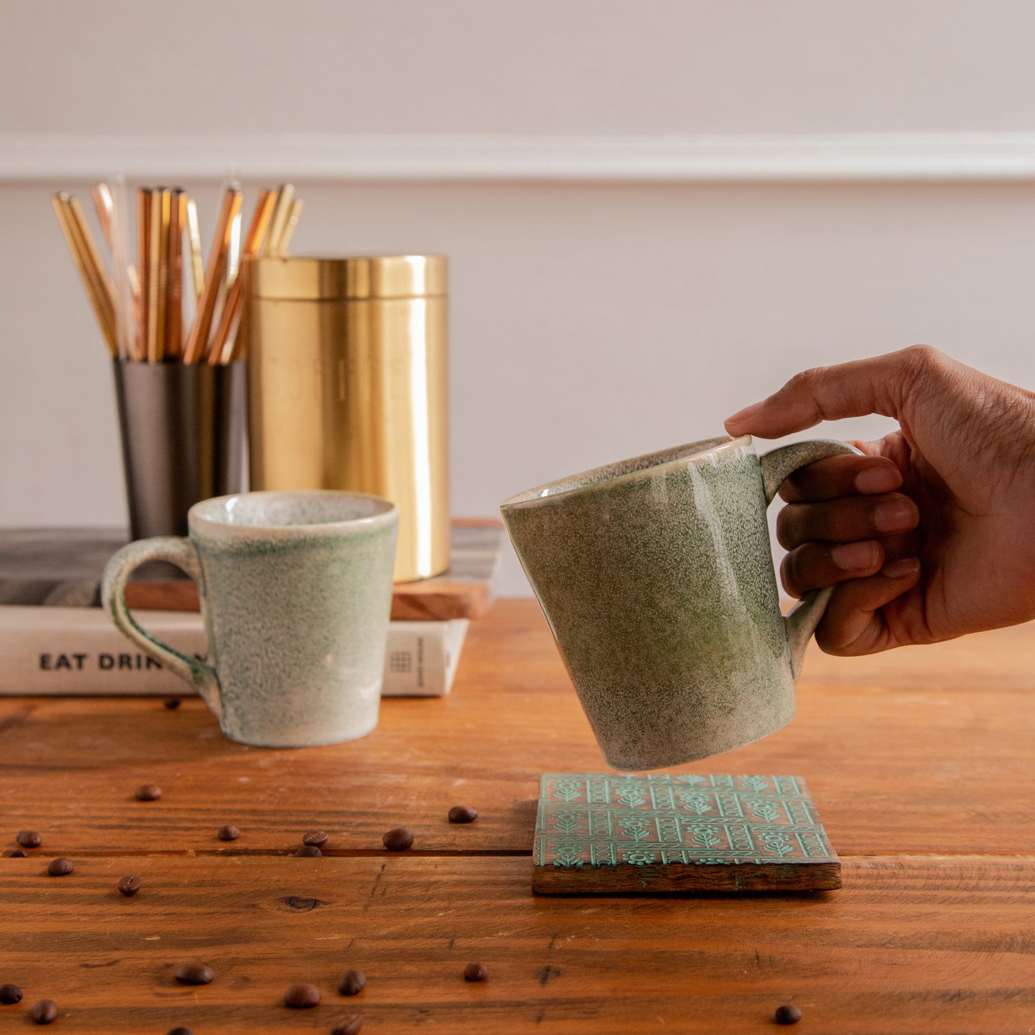 Forest Mist Hand-Painted Ceramic Mug – 300 ml (Set of 2)