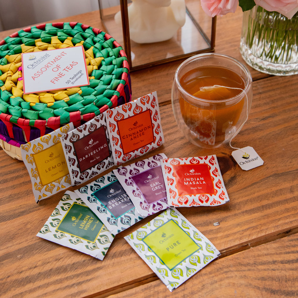 
                  
                    Load image into Gallery viewer, Assortment of Fine Teas- 50 Black &amp;amp; Green Teabags in Handwoven Cane Box
                  
                