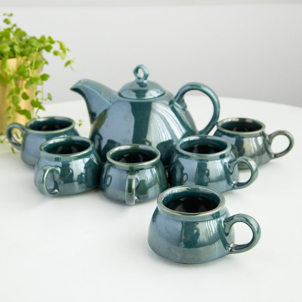 Modern Ceramic 7 Piece Tea Set  - Glossy Green