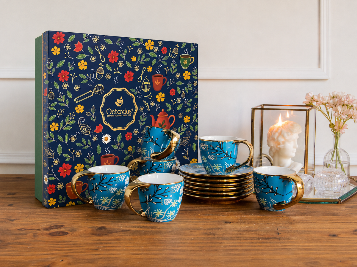 Royal Azure Bloom Tea Set (6 Cups &amp; Saucers) – 200 ML Each