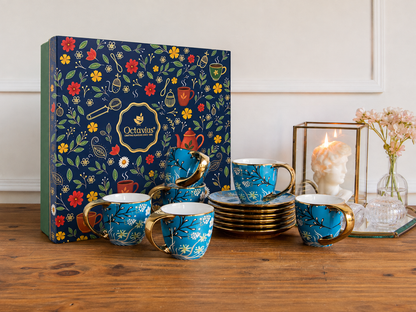 Royal Azure Bloom Tea Set (6 Cups &amp; Saucers) – 200 ML Each
