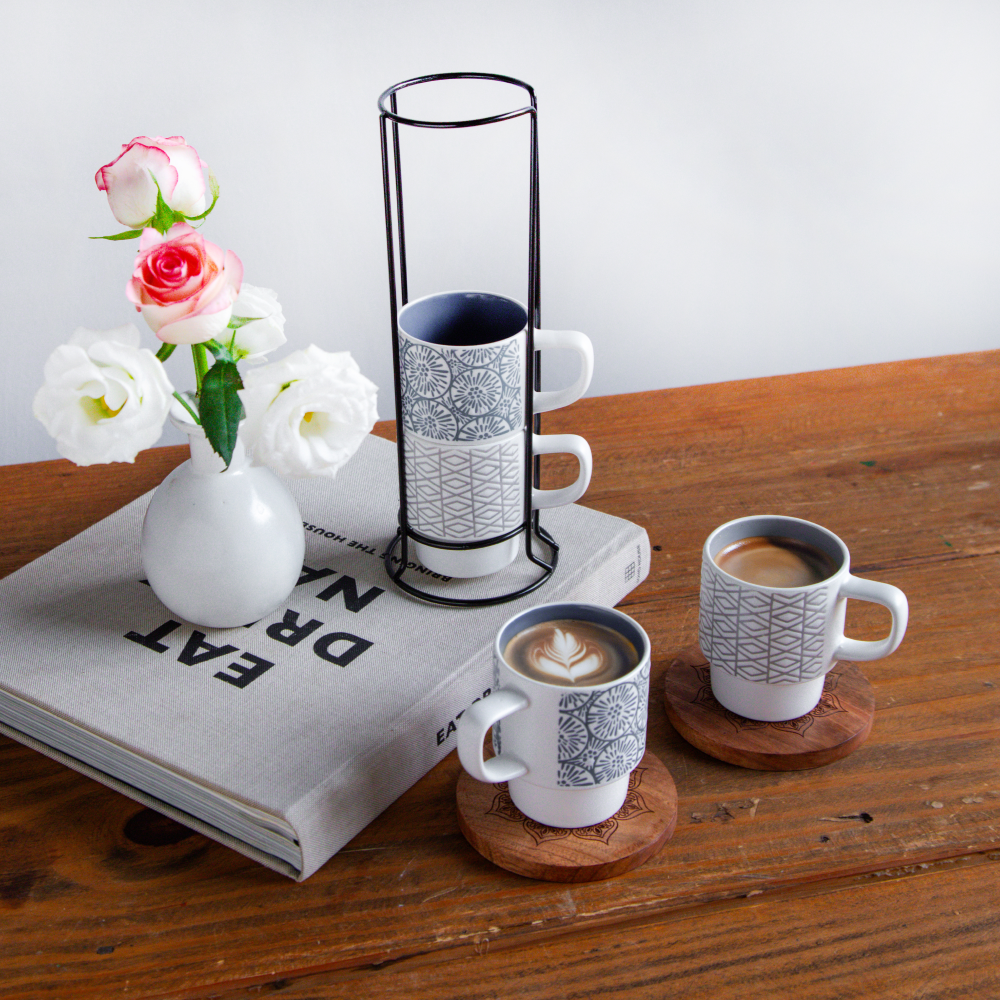 GeoBloom Stacking Mug Set (4 pcs with Stand) – 150 ml each