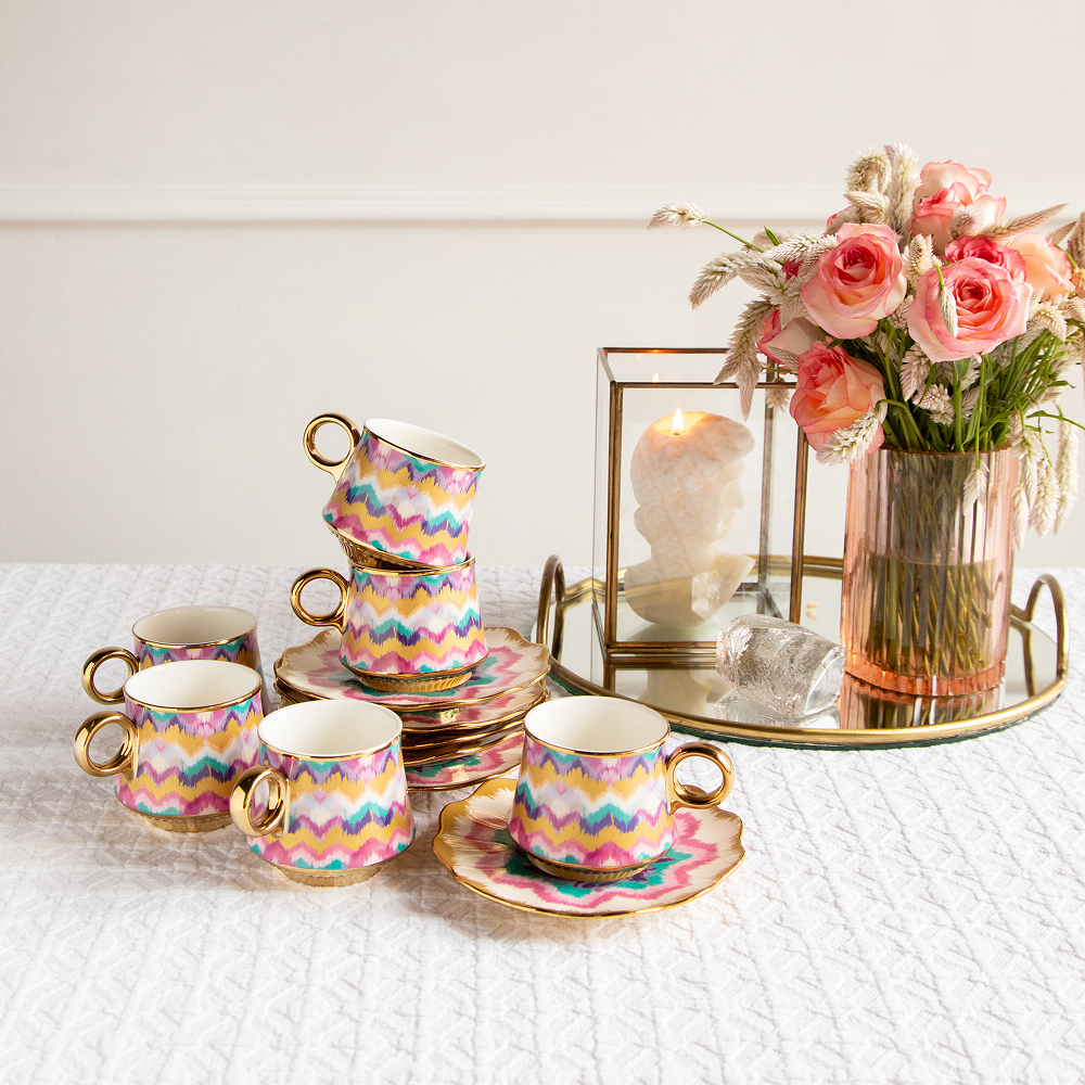 Majestic Ikat Waves Tea Set (6 Cups &amp; Saucers) – 200 ml