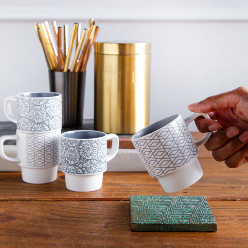 GeoBloom Stacking Mug Set (4 pcs with Stand) – 150 ml each
