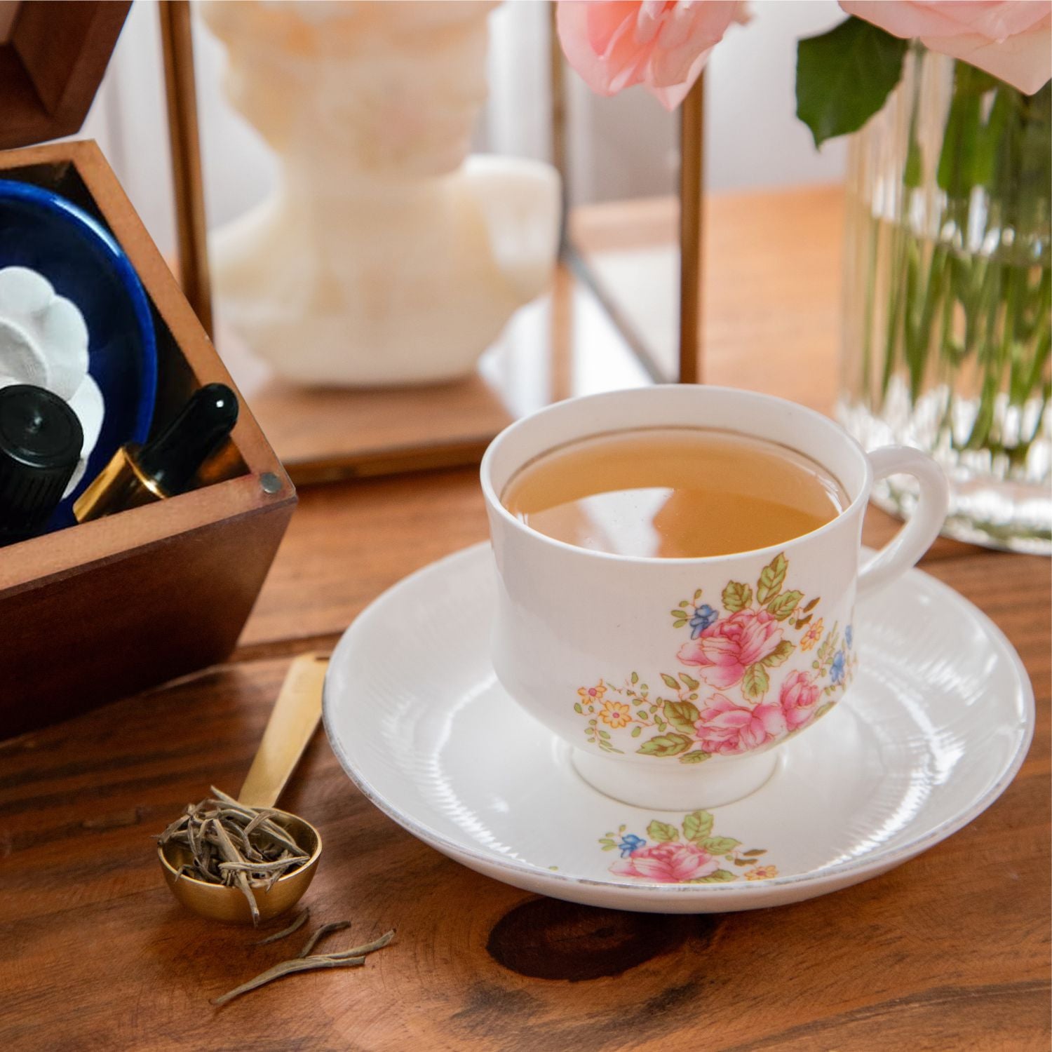 Mother’s Day Tea Gift Box – Rose Glow Elixir with Aromatherapy &amp; Brass Strainer