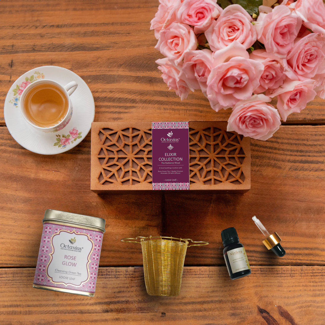 Mother’s Day Tea Gift Box – Rose Glow Elixir with Aromatherapy &amp; Brass Strainer