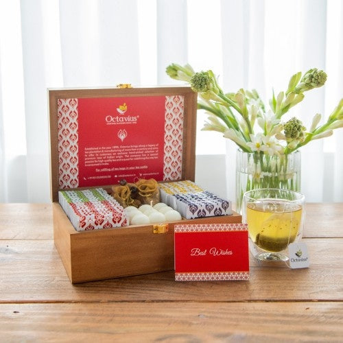 Luxury Rakhi Gift Box - 60 Tea Bags , Designer Rakhi &amp; Lavender Candle