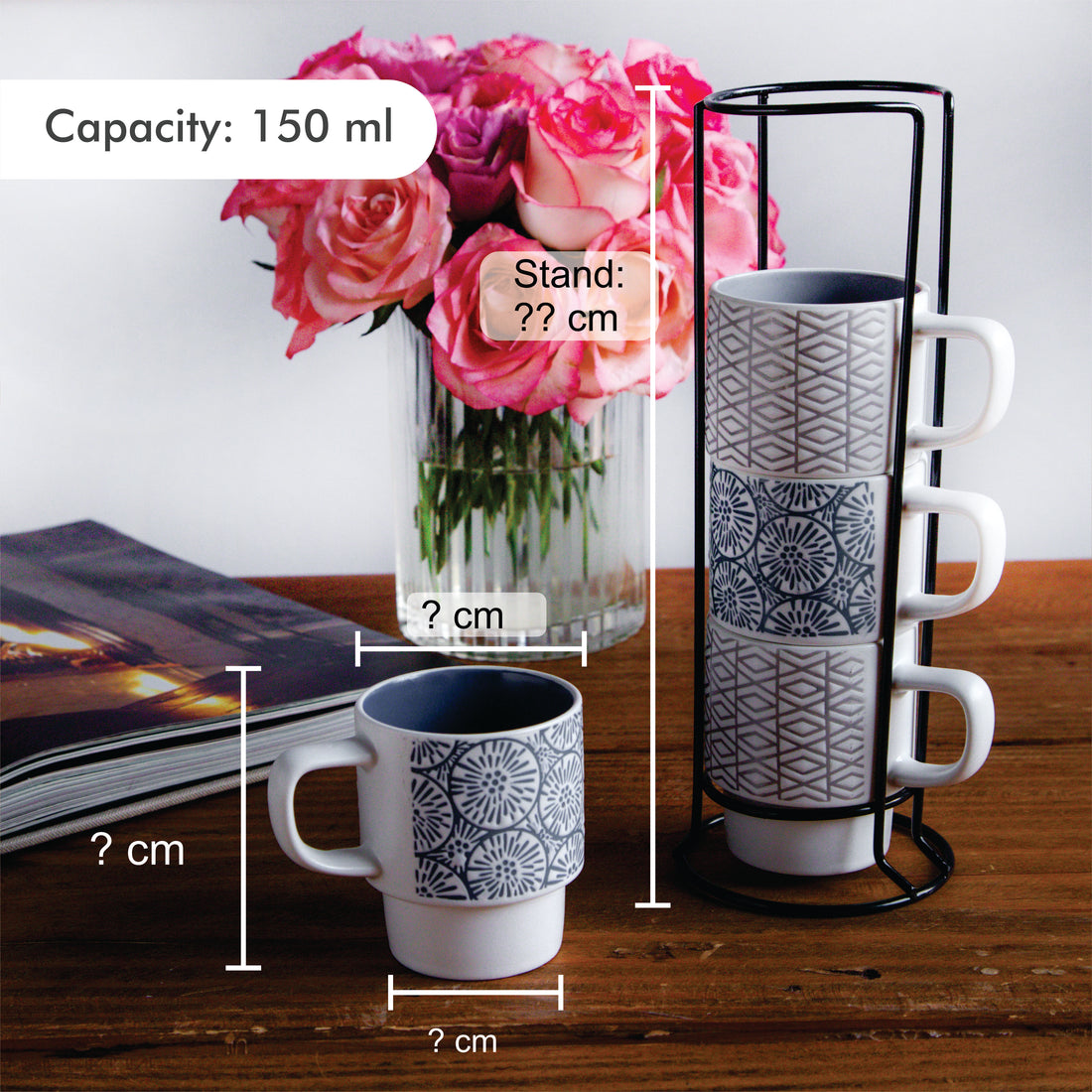 GeoBloom Stacking Mug Set (4 pcs with Stand) – 150 ml each