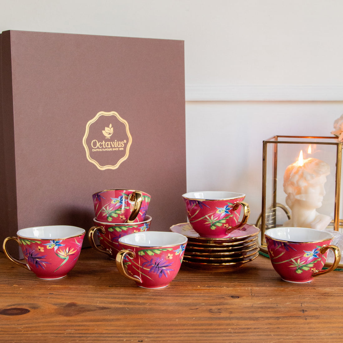 Imperial Crimson Bloom Tea Set (6 Cups &amp; Saucers) – 200 ml