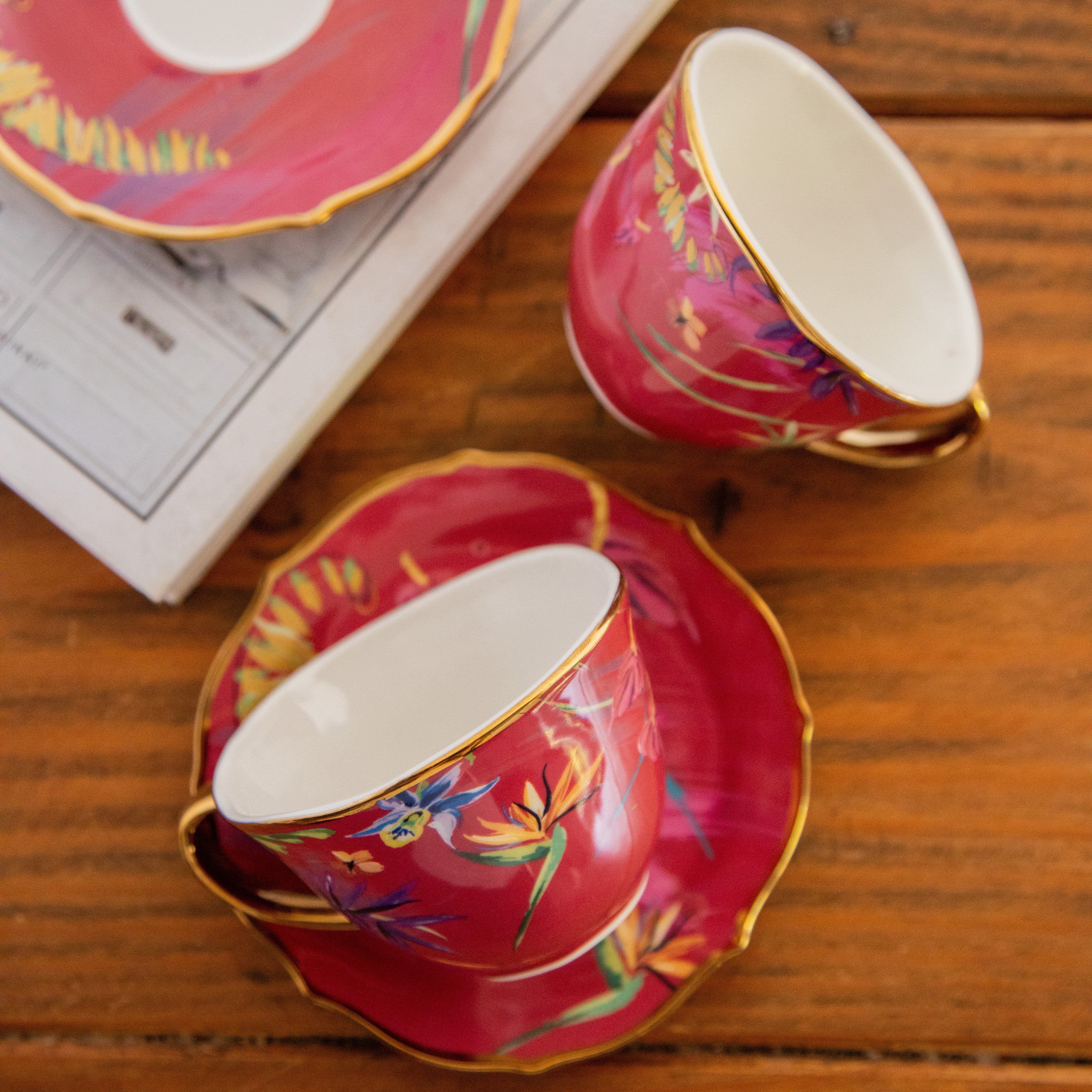Imperial Crimson Bloom Tea Set (6 Cups &amp; Saucers) – 200 ml