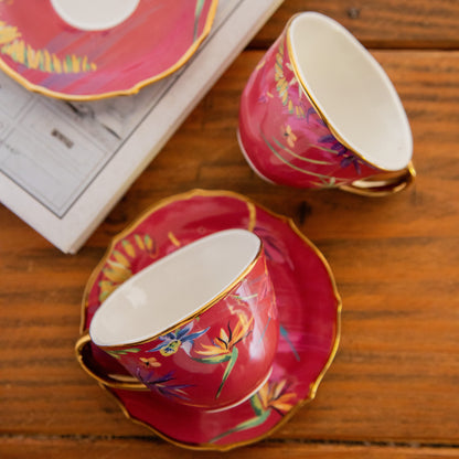 Imperial Crimson Bloom Tea Set (6 Cups &amp; Saucers) – 200 ml