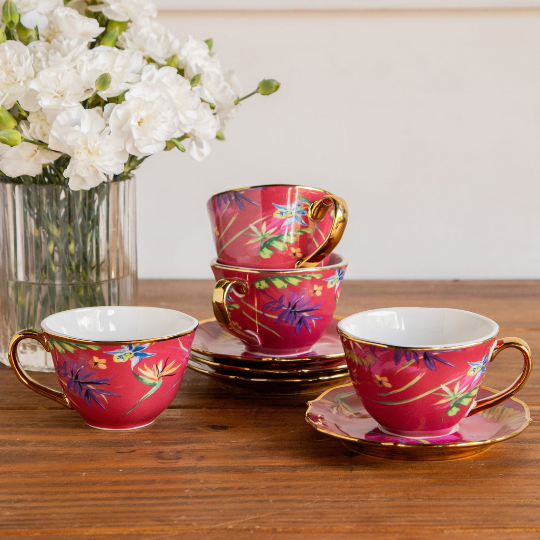 Imperial Crimson Bloom Tea Set (6 Cups &amp; Saucers) – 200 ml