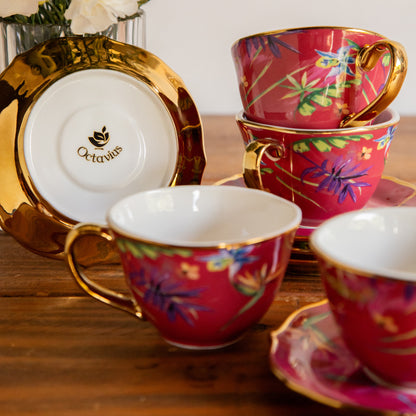 Imperial Crimson Bloom Tea Set (6 Cups &amp; Saucers) – 200 ml