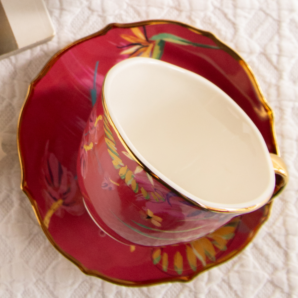 Imperial Crimson Bloom Tea Set (6 Cups &amp; Saucers) – 200 ml