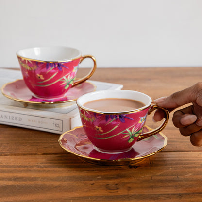 Imperial Crimson Bloom Tea Set (6 Cups &amp; Saucers) – 200 ml