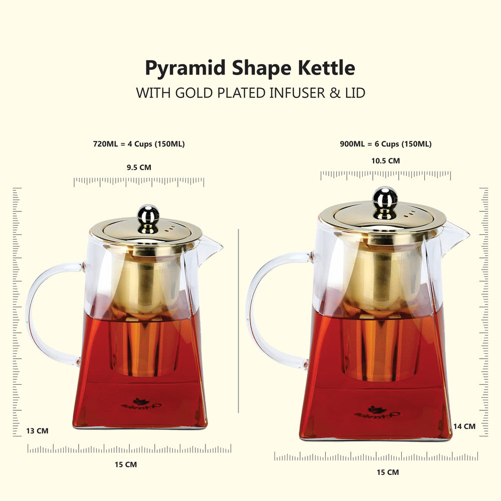 
                  
                    Load image into Gallery viewer, Pyramid Shaped Borosilicate Glass Kettle With Gold Plated Infuser And Lid - 900 ML
                  
                