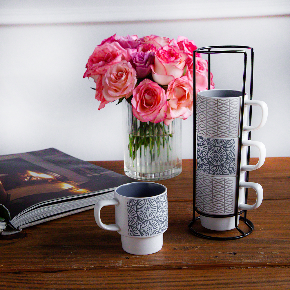 GeoBloom Stacking Mug Set (4 pcs with Stand) – 150 ml each