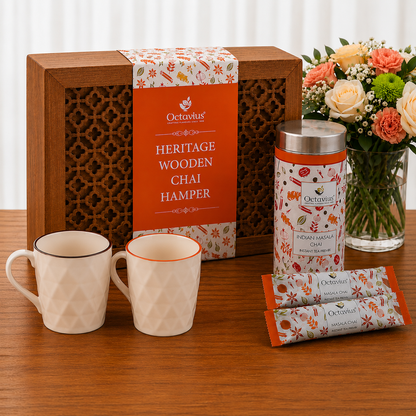 Heritage Wooden Chai Hamper – Masala Tea Premix &amp; Ceramic Cups