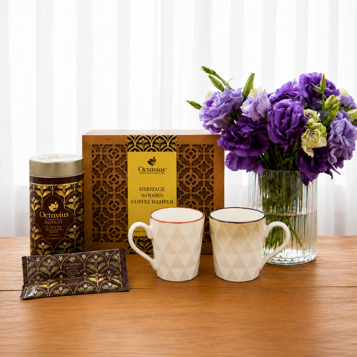Heritage Wooden Coffee Hamper – Coffee Premix &amp; 2 Ceramic Cups