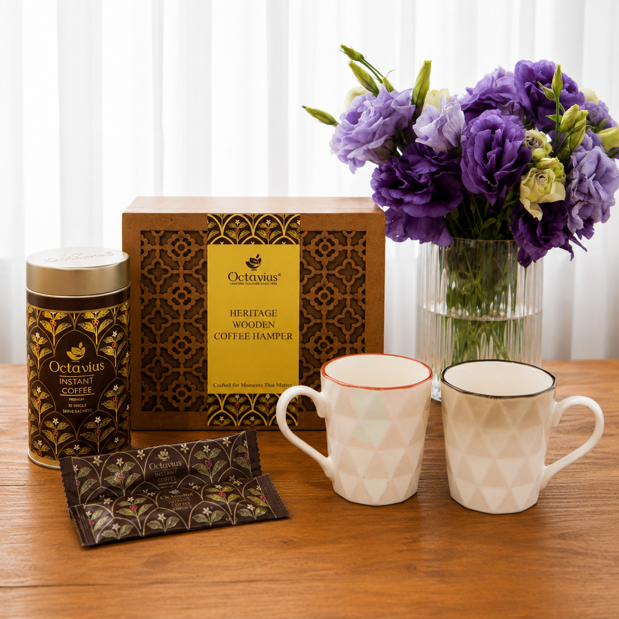 Heritage Wooden Coffee Hamper – Coffee Premix &amp; 2 Ceramic Cups