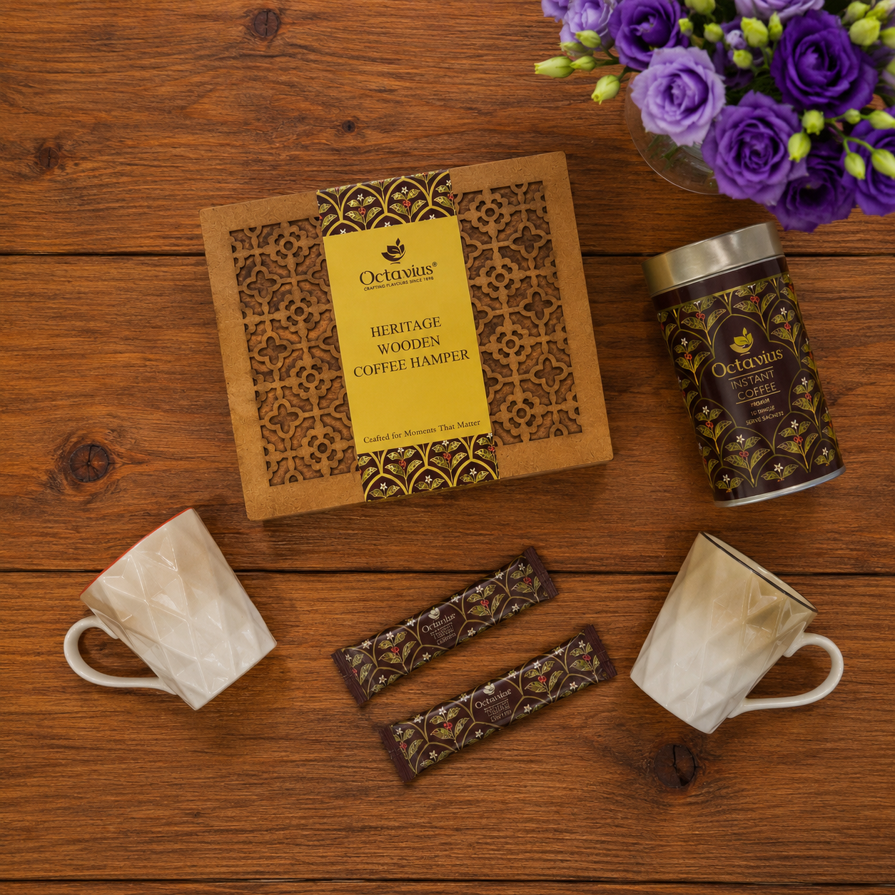 Heritage Wooden Coffee Hamper – Coffee Premix &amp; 2 Ceramic Cups