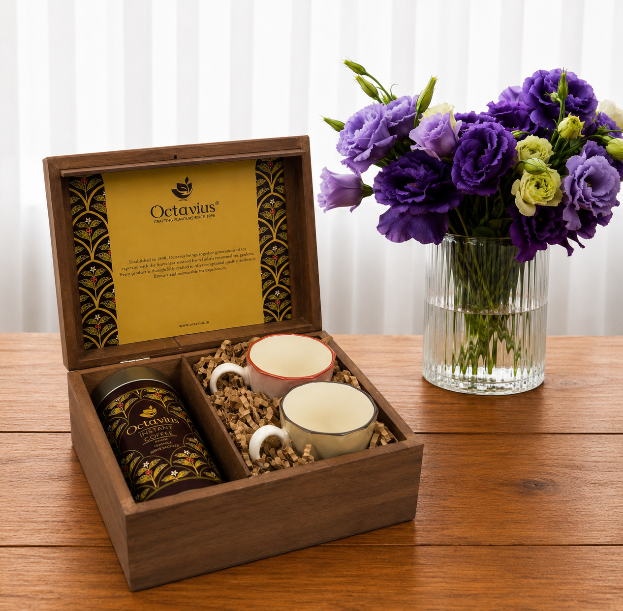 Heritage Wooden Coffee Hamper – Coffee Premix &amp; 2 Ceramic Cups