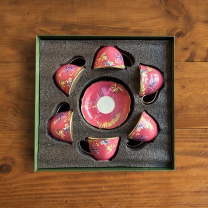 Imperial Crimson Bloom Tea Set (6 Cups &amp; Saucers) – 200 ml
