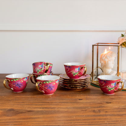 Imperial Crimson Bloom Tea Set (6 Cups &amp; Saucers) – 200 ml