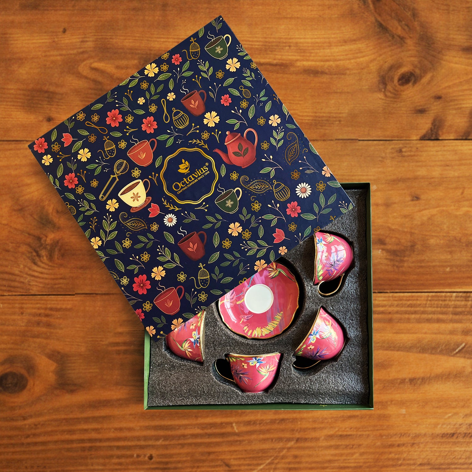 Imperial Crimson Bloom Tea Set (6 Cups &amp; Saucers) – 200 ml