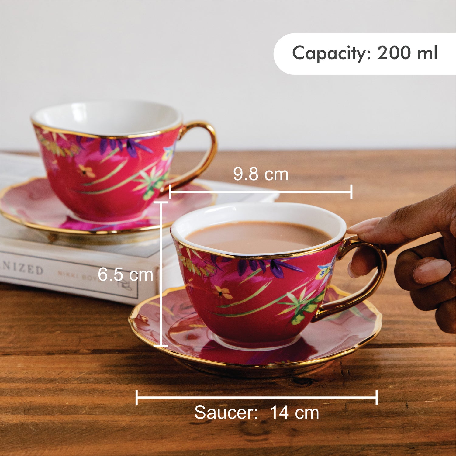 Imperial Crimson Bloom Tea Set (6 Cups &amp; Saucers) – 200 ml
