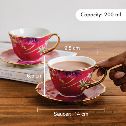 Imperial Crimson Bloom Tea Set (6 Cups &amp; Saucers) – 200 ml