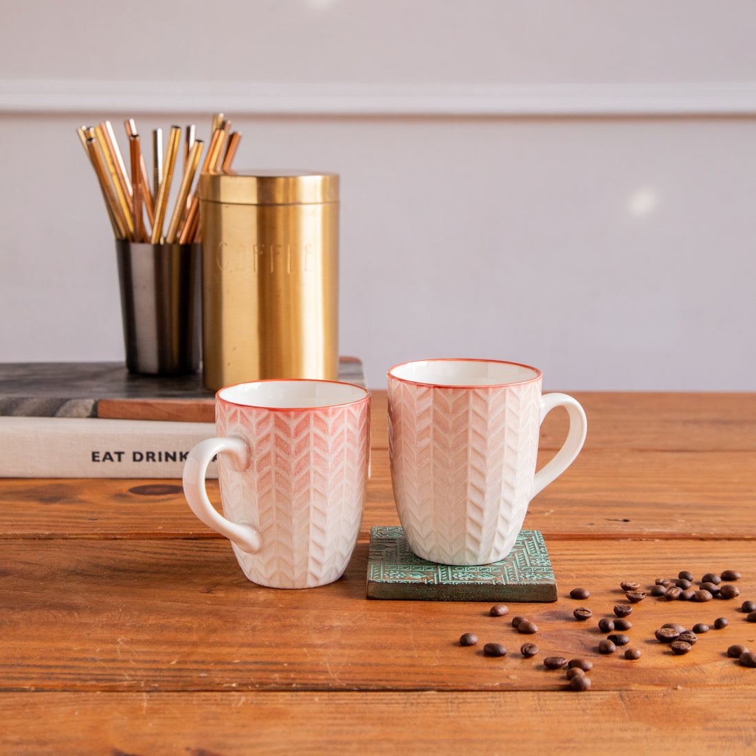 Luxe Weave Coffee Mug – Sunset Coral (Set of 2) – 300 ml