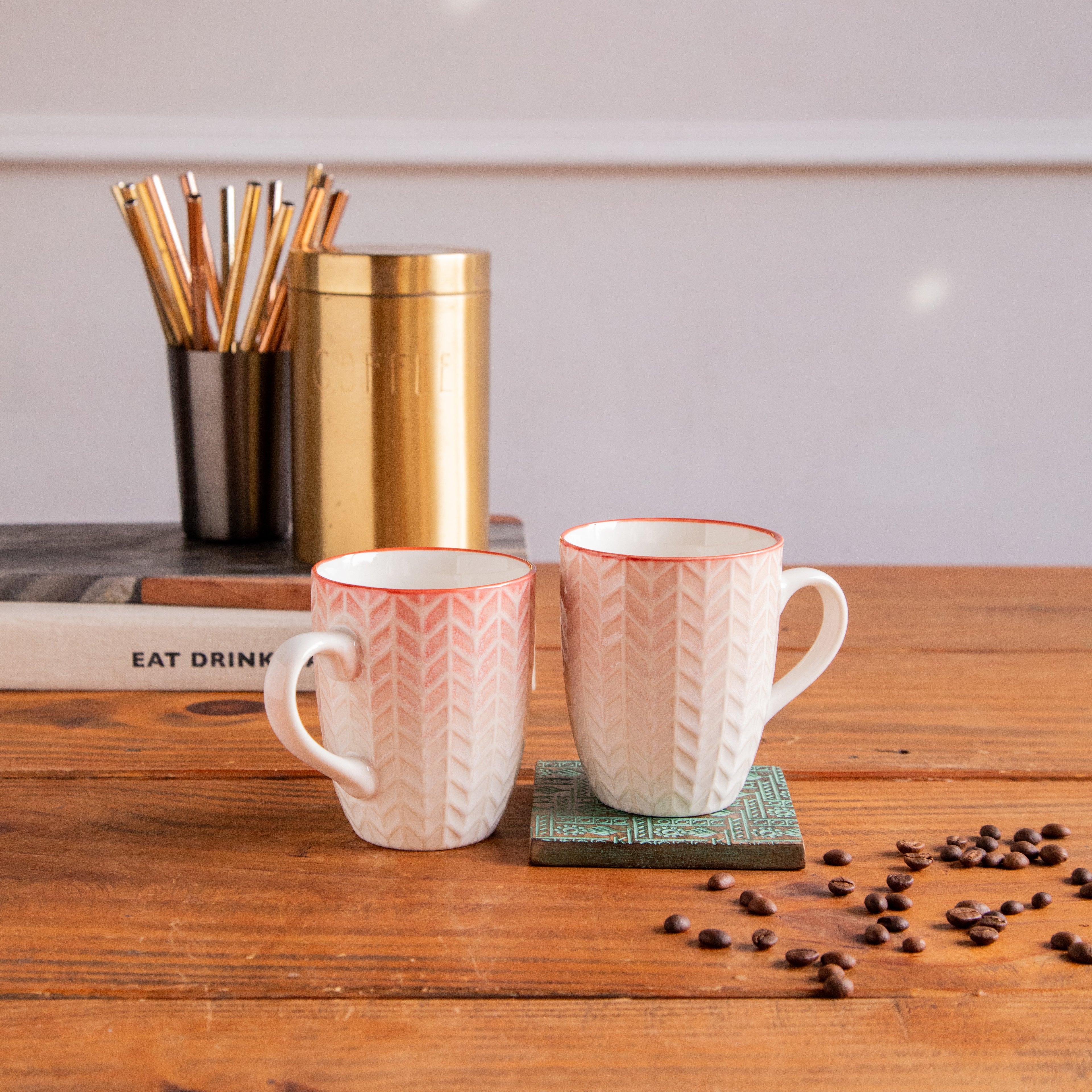 Luxe Weave Coffee Mug – Sunset Coral (Set of 2) – 300 ml