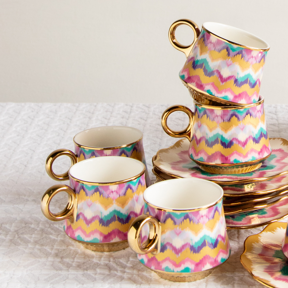 Majestic Ikat Waves Tea Set (6 Cups &amp; Saucers) – 200 ml