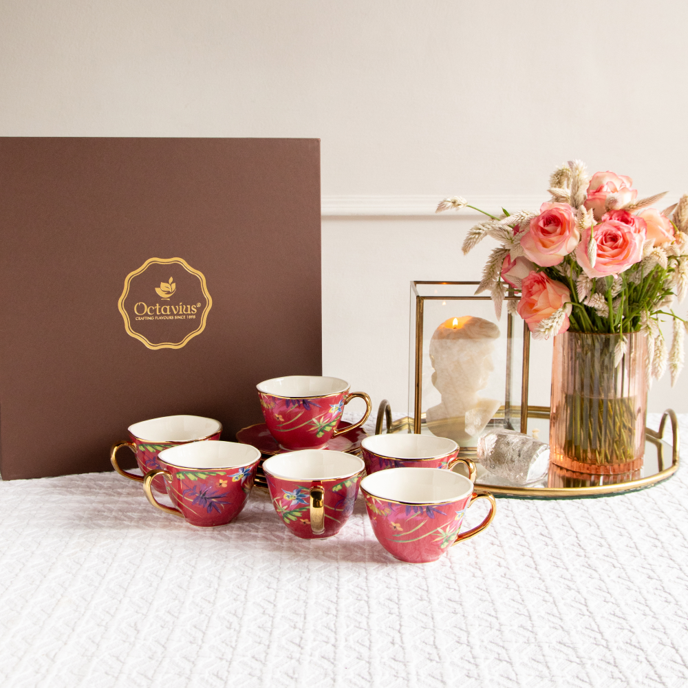 Imperial Crimson Bloom Tea Set (6 Cups &amp; Saucers) – 200 ml