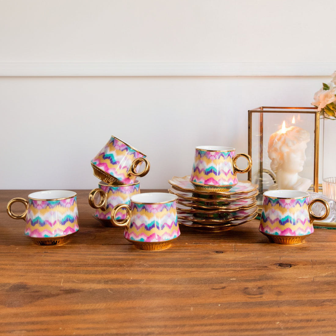 Majestic Ikat Waves Tea Set (6 Cups & Saucers) – 200 ml