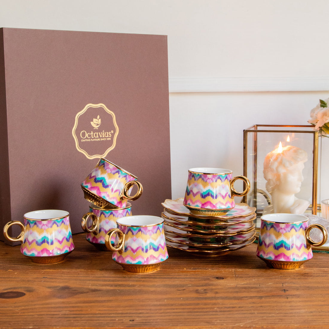 Majestic Ikat Waves Tea Set (6 Cups &amp; Saucers) – 200 ml