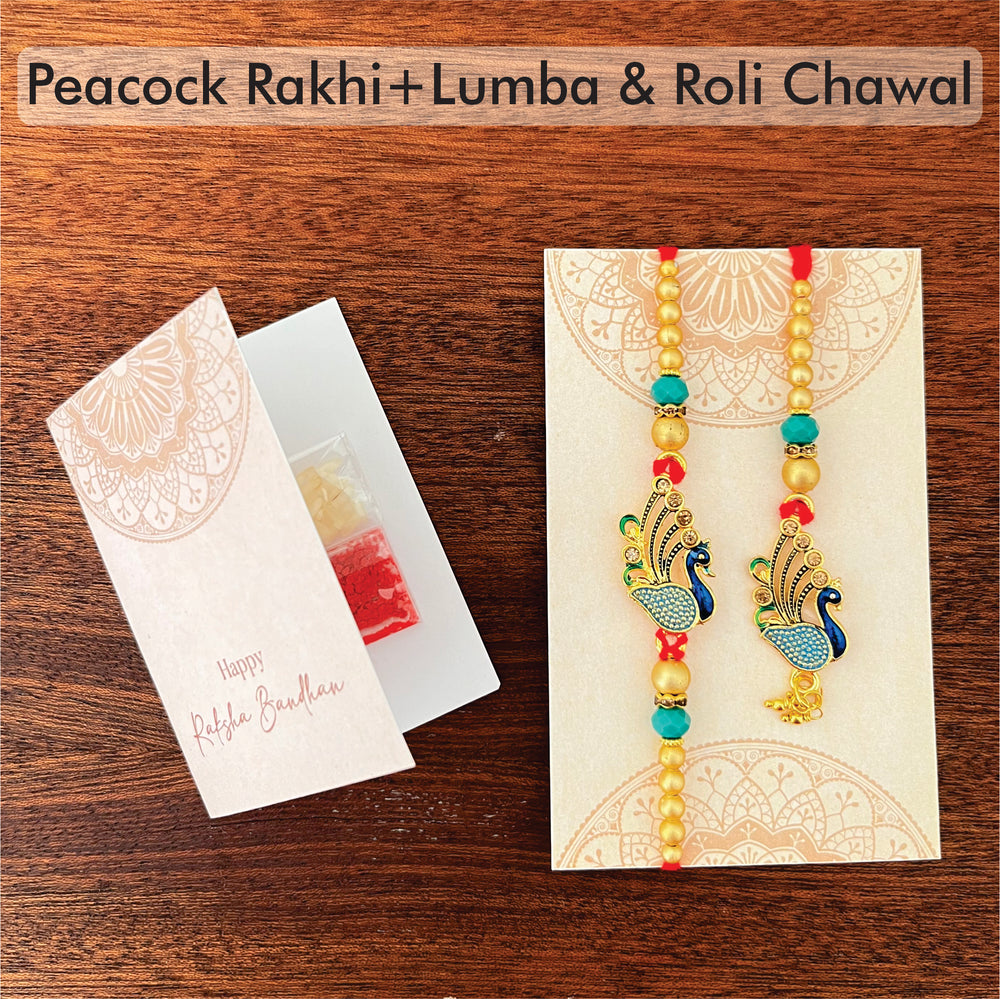 PEACOCK RAKHI & LUMBA SET WITH ROLI CHAWAL