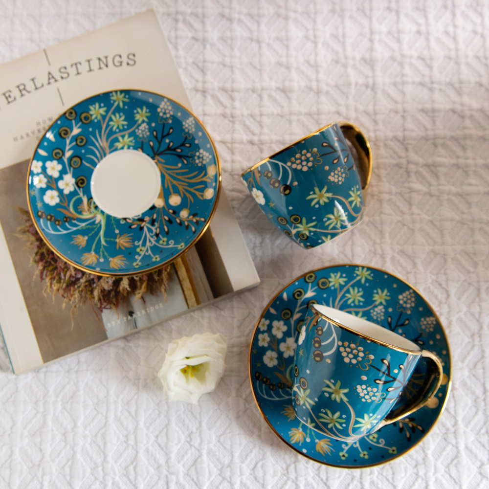 Royal Azure Bloom Tea Set (6 Cups &amp; Saucers) – 200 ML Each