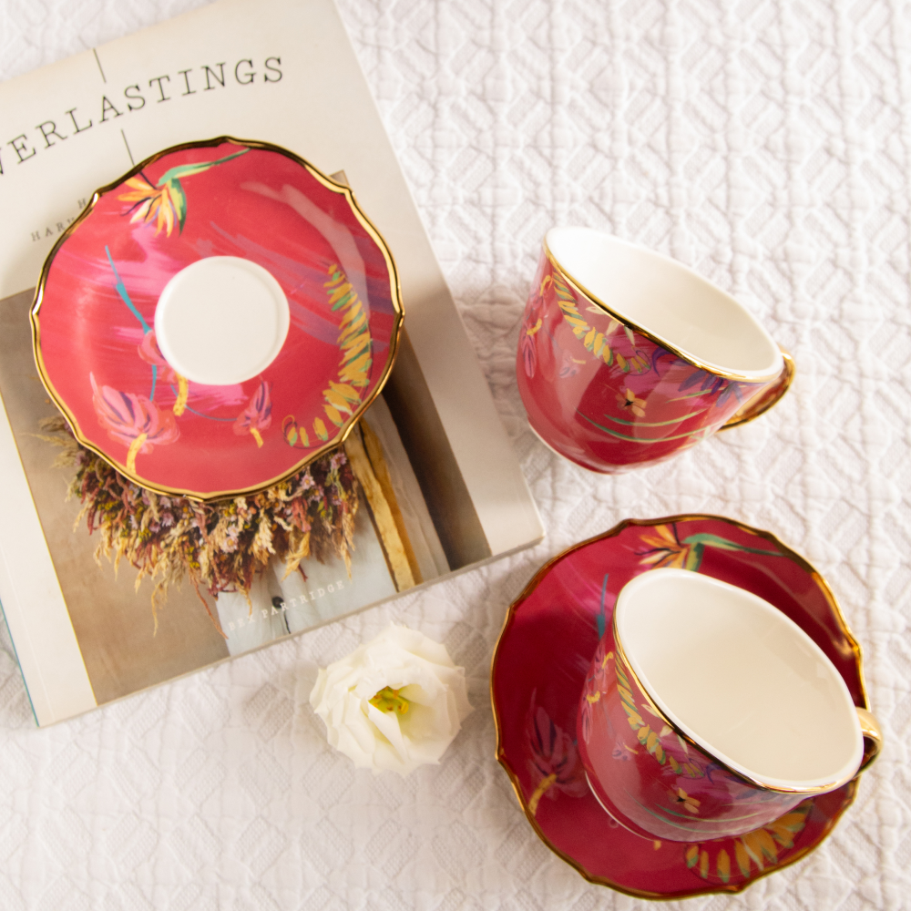 Imperial Crimson Bloom Tea Set (6 Cups &amp; Saucers) – 200 ml