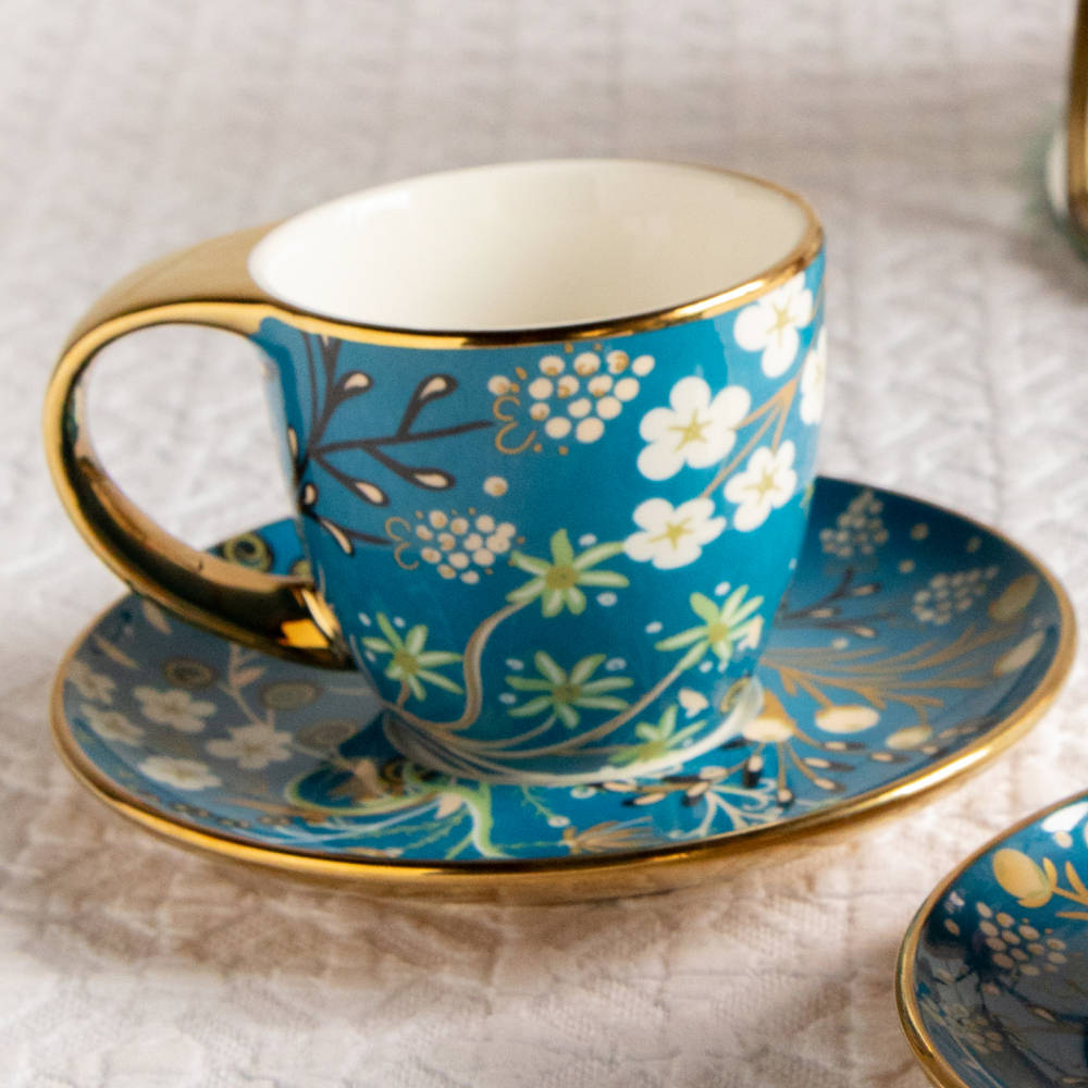 Royal Azure Bloom Tea Set (6 Cups &amp; Saucers) – 200 ML Each