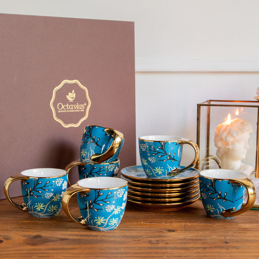 Royal Azure Bloom Tea Set (6 Cups &amp; Saucers) – 200 ML Each