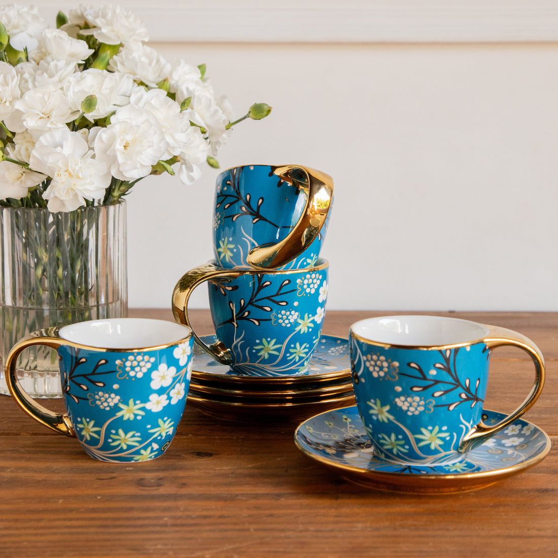 Royal Azure Bloom Tea Set (6 Cups &amp; Saucers) – 200 ML Each