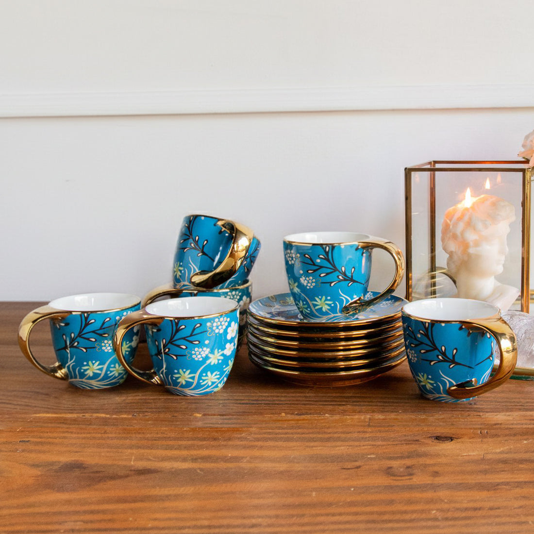 Royal Azure Bloom Tea Set (6 Cups &amp; Saucers) – 200 ML Each