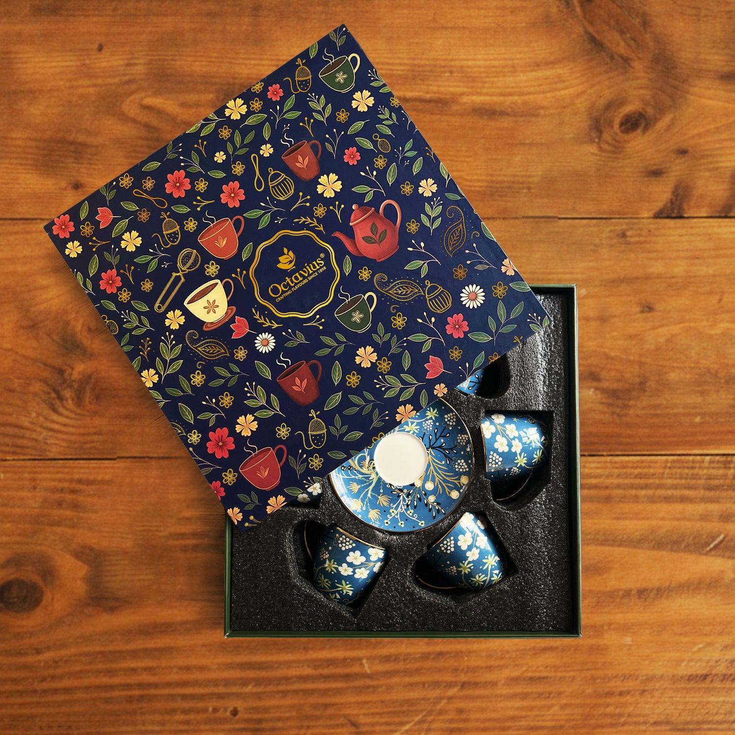 Royal Azure Bloom Tea Set (6 Cups &amp; Saucers) – 200 ML Each