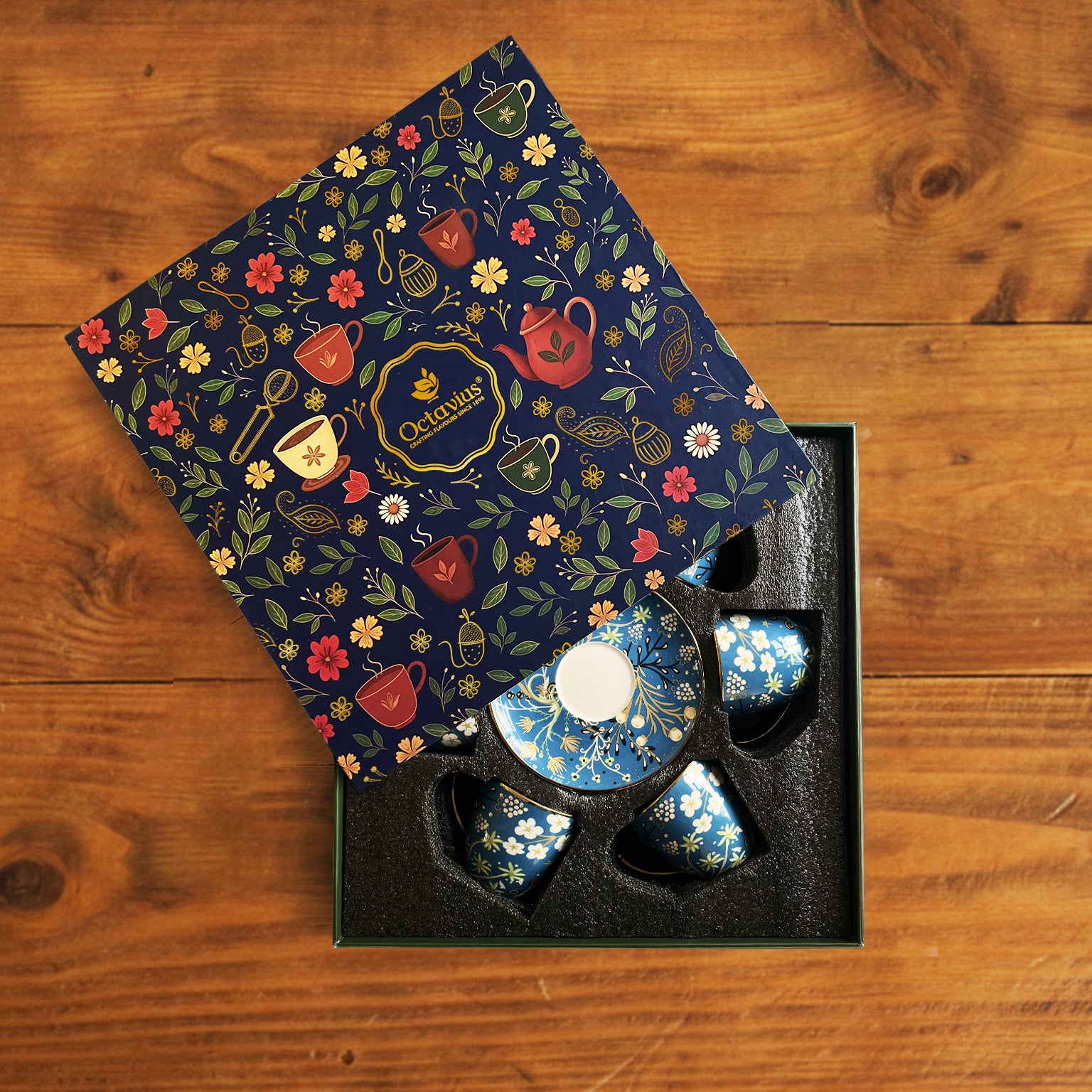 Royal Azure Bloom Tea Set (6 Cups &amp; Saucers) – 200 ML Each