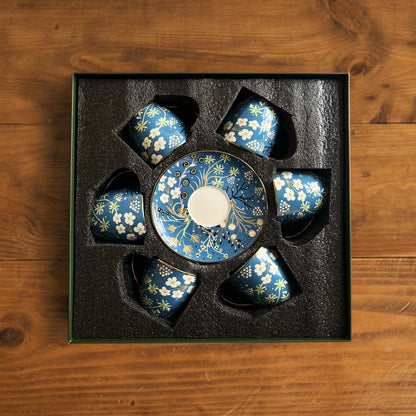 Royal Azure Bloom Tea Set (6 Cups &amp; Saucers) – 200 ML Each