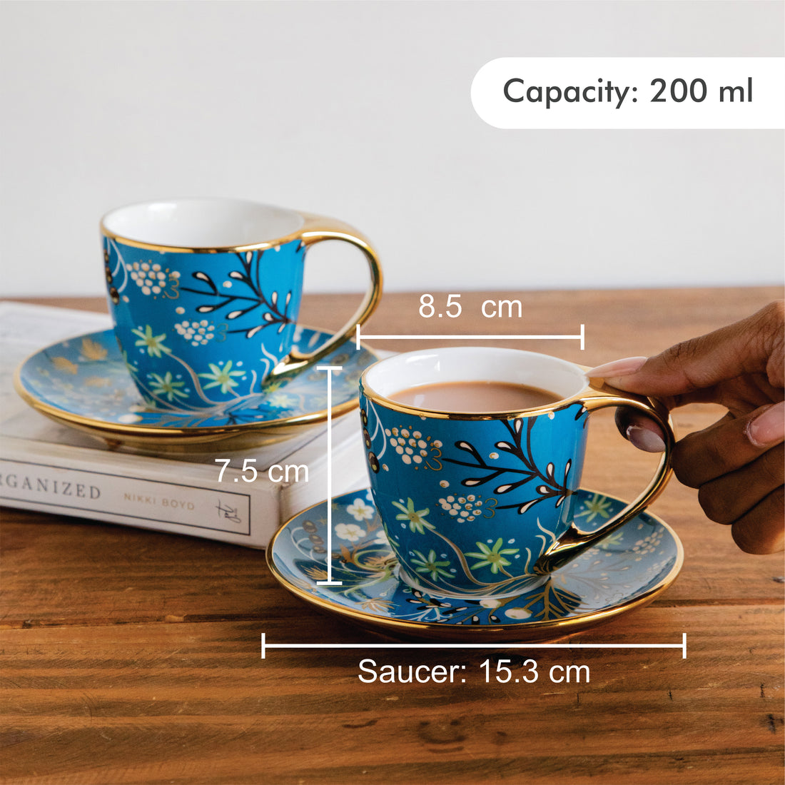 Royal Azure Bloom Tea Set (6 Cups &amp; Saucers) – 200 ML Each
